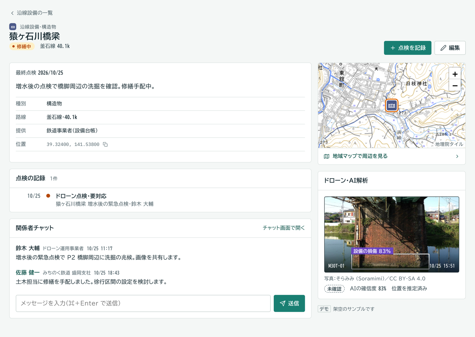 設備の画面。状態は修繕中で、ドローン点検の結果「要対応」、関係者チャット、AIが見つけた損傷の候補が並ぶ