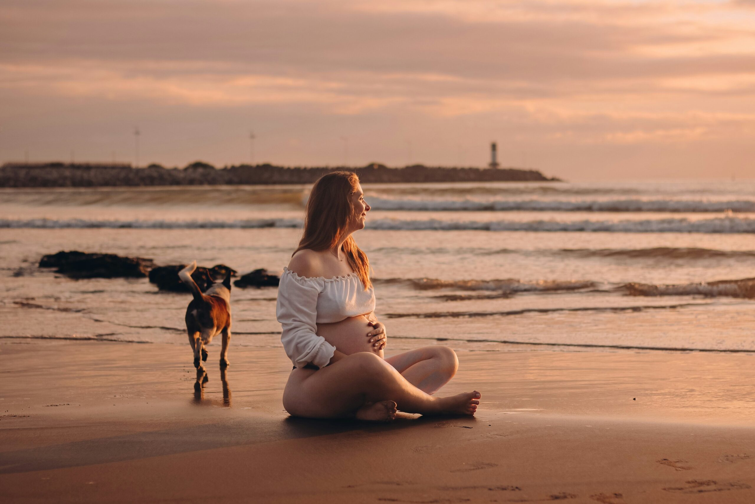 ビーチにいる妊婦と犬